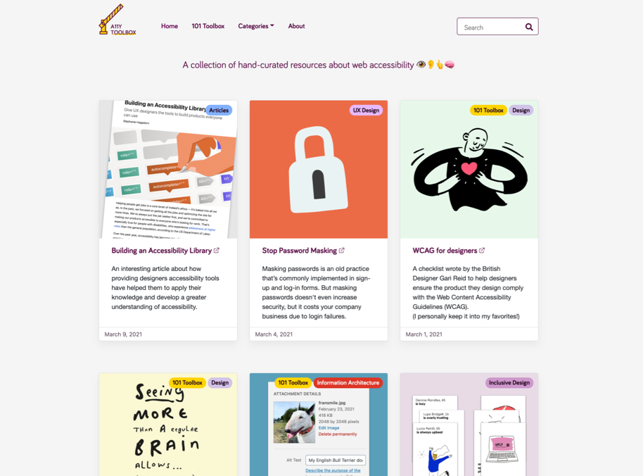 Screen copy of A11Y Toolbox website. There are 6 cards. Each card is composed with an illustration and a short description of the resource that is linked.