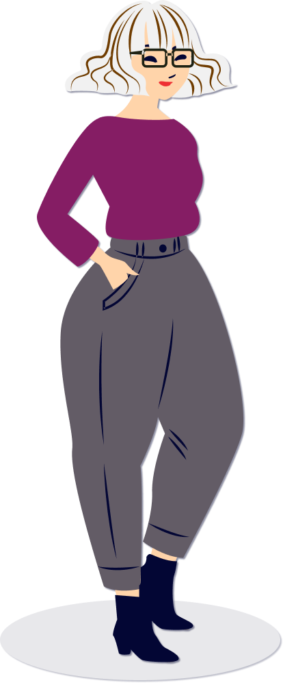 Cartoon-style portrait of Stephanie with white hair and glasses, rainy-day hair style included.