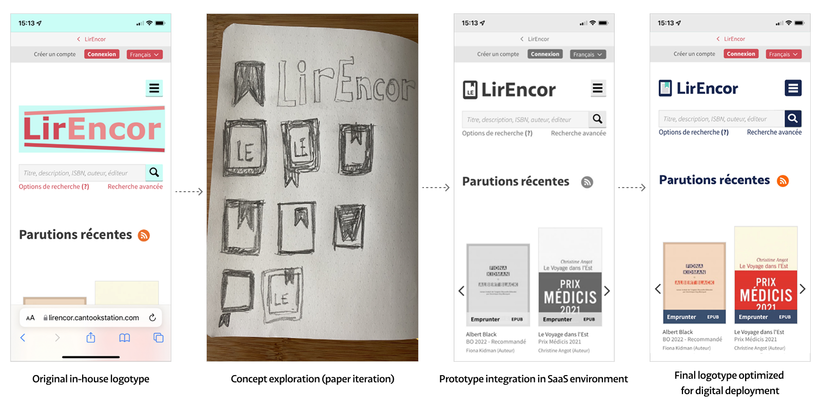 Evolution of the LirEncor logo from the original in-house version to a mobile-optimized final design